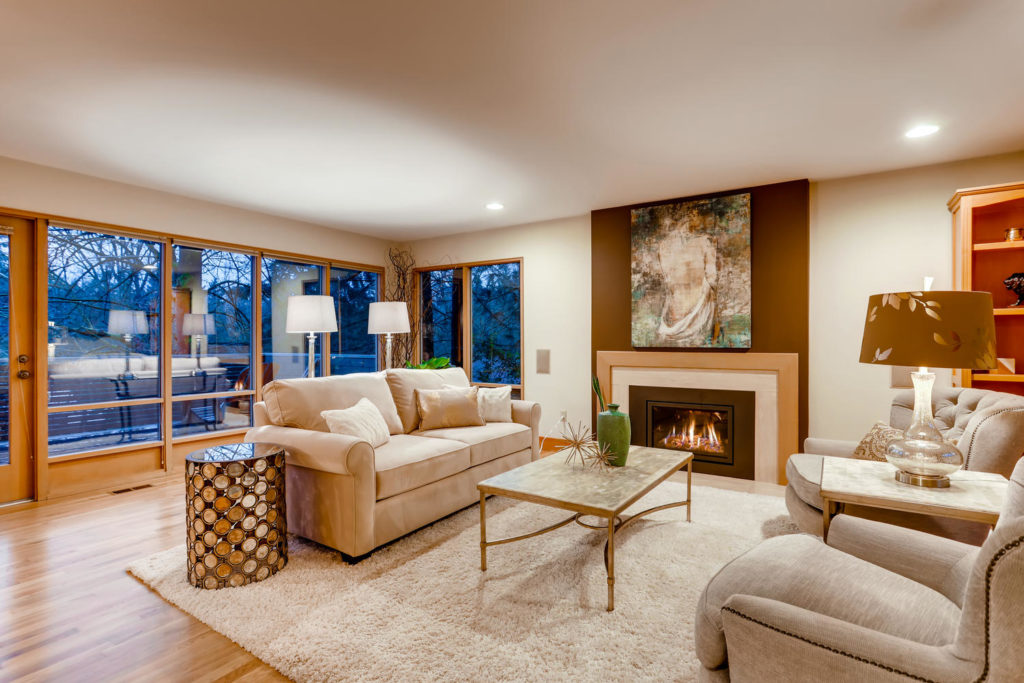 real estate image of living room with fireplace
