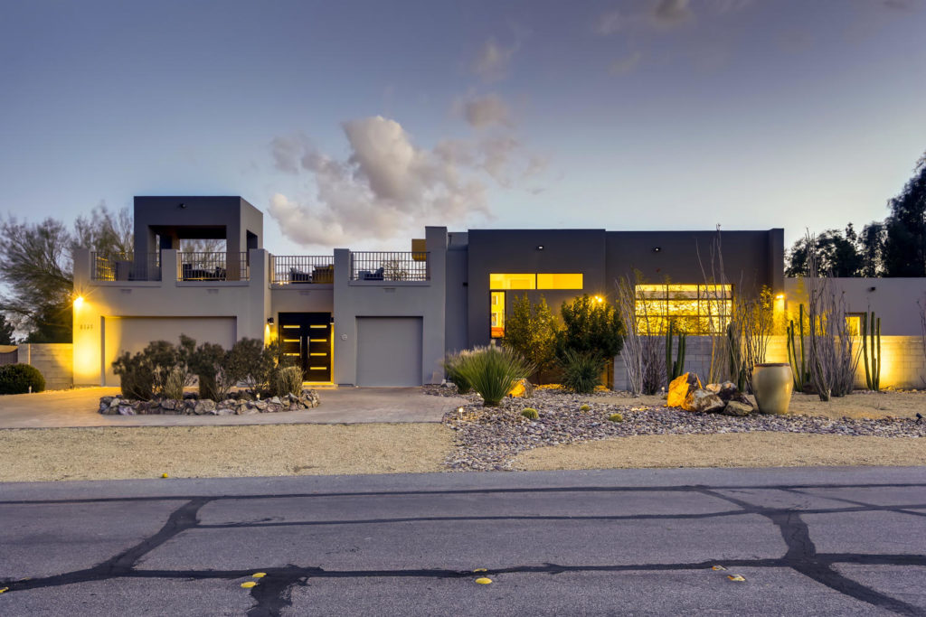 Large modern house at twilight