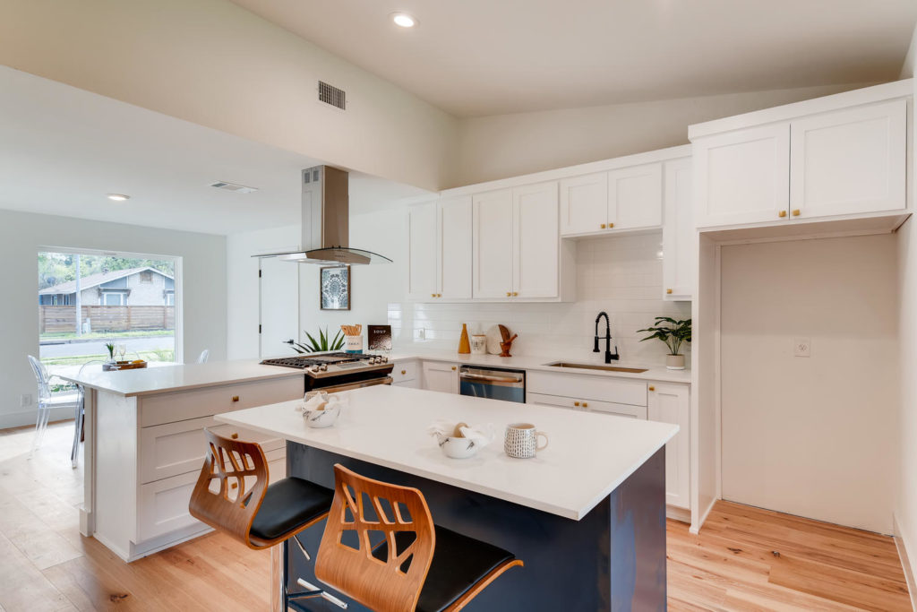 kitchen with blue island