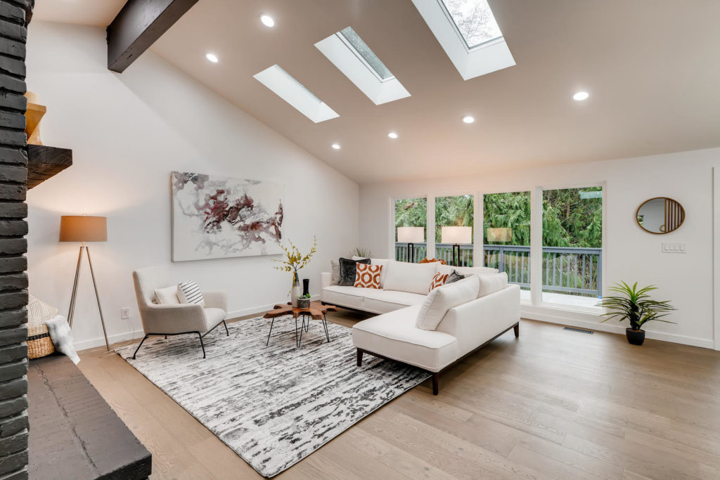 Modern living room with skylights