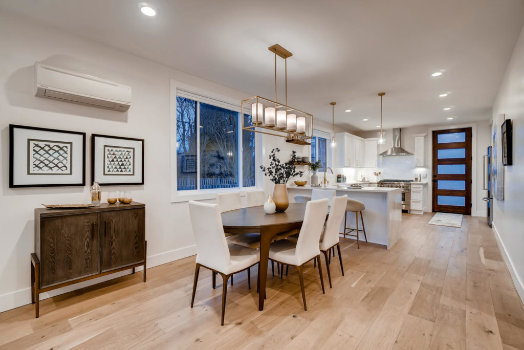 Dining room table with white chairs