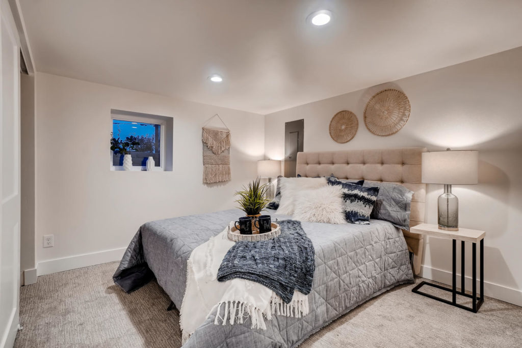 bedroom with basket wall decor