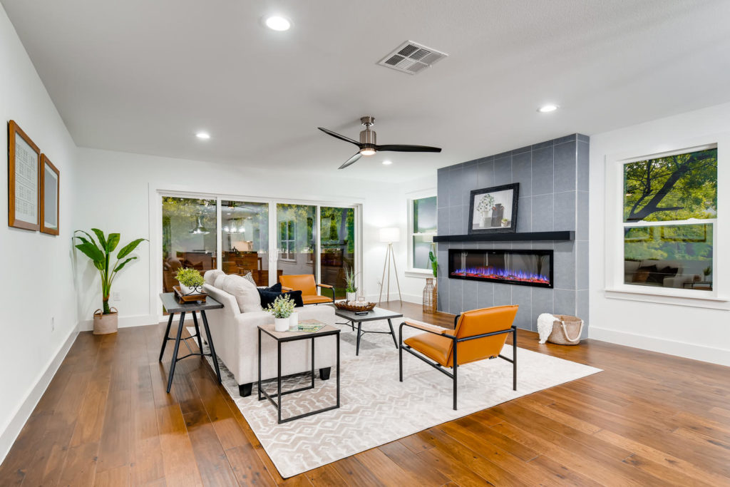 Modern living room with fireplace