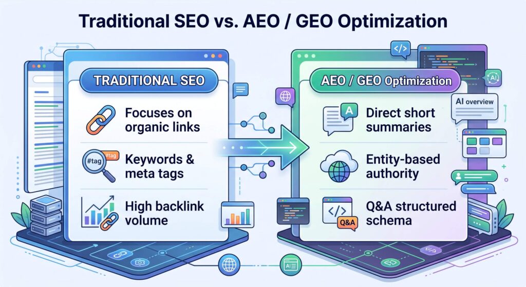 Chart outline the difference between traditional SEO and AEO/GEO optimization.