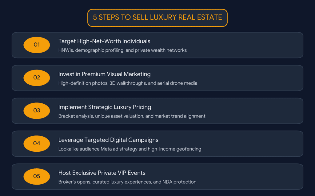 Infographic titled '5 Steps to Sell Luxury Real Estate' outlining key strategies: targeting high-net-worth individuals, investing in premium visual marketing, implementing strategic luxury pricing, leveraging targeted digital campaigns, and hosting exclusive private VIP events.