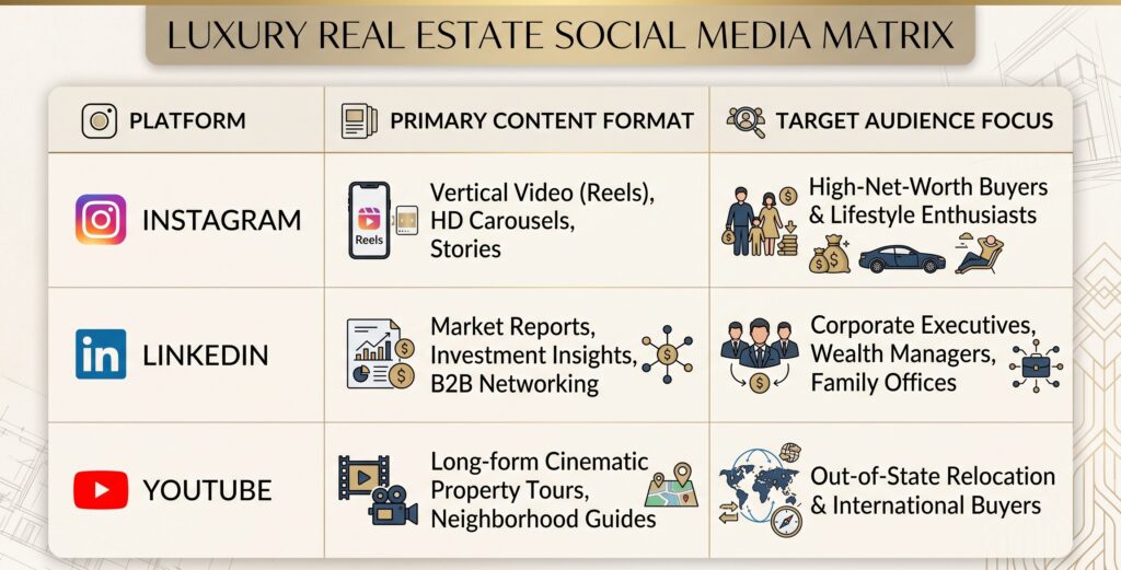 A comparison table titled "Luxury Real Estate Social Media Matrix" with three columns: Platform, Primary Content Format, and Target Audience Focus. Instagram focuses on vertical videos, HD carousels, and stories for high-net-worth buyers and lifestyle enthusiasts. LinkedIn focuses on market reports, investment insights, and B2B networking for corporate executives, wealth managers, and family offices. YouTube focuses on long-form cinematic property tours and neighborhood guides for out-of-state relocation and international buyers.