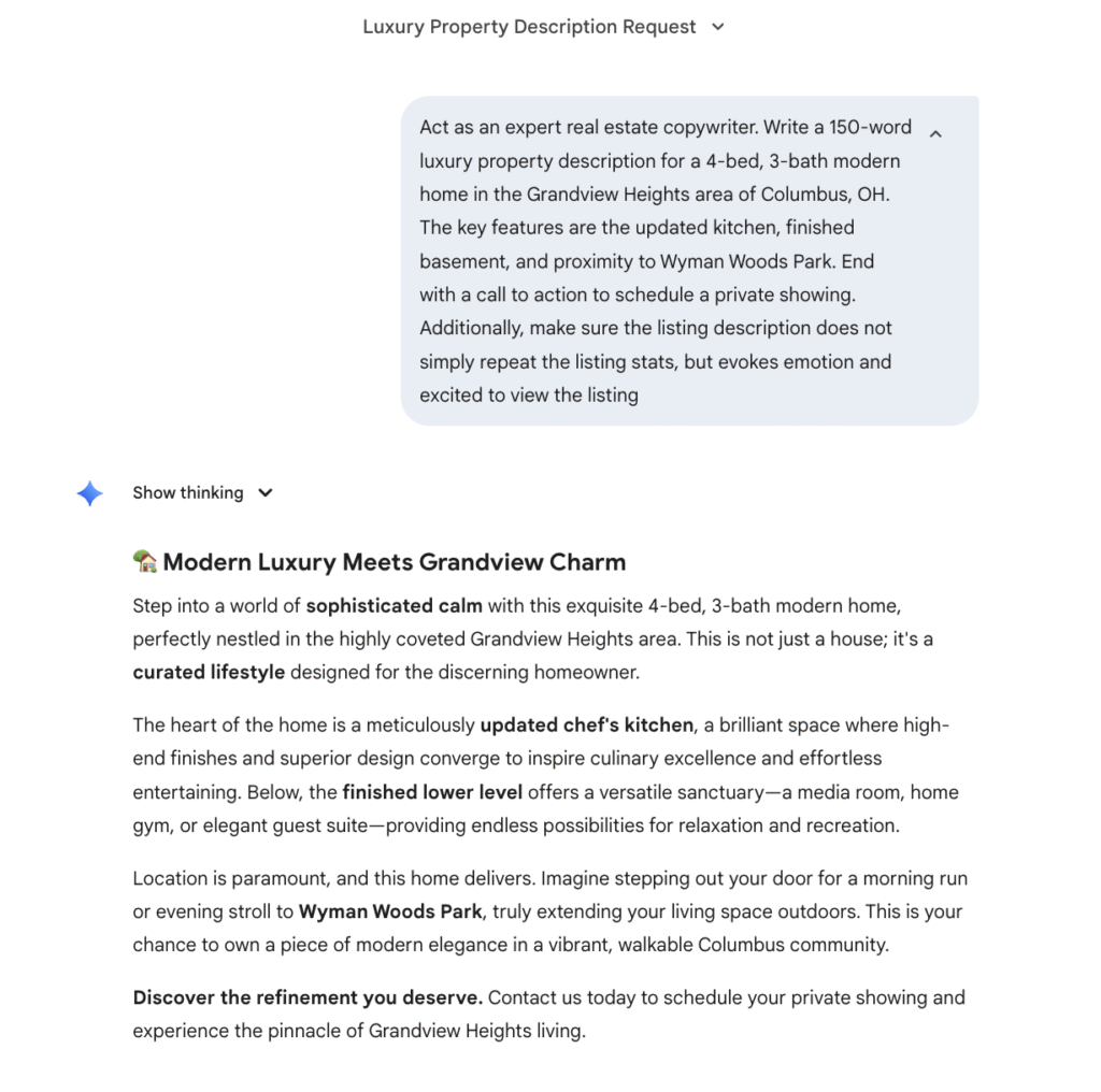 example google gemini prompt for how a real estate agent can use gemini or chatgpt to write listing descriptions