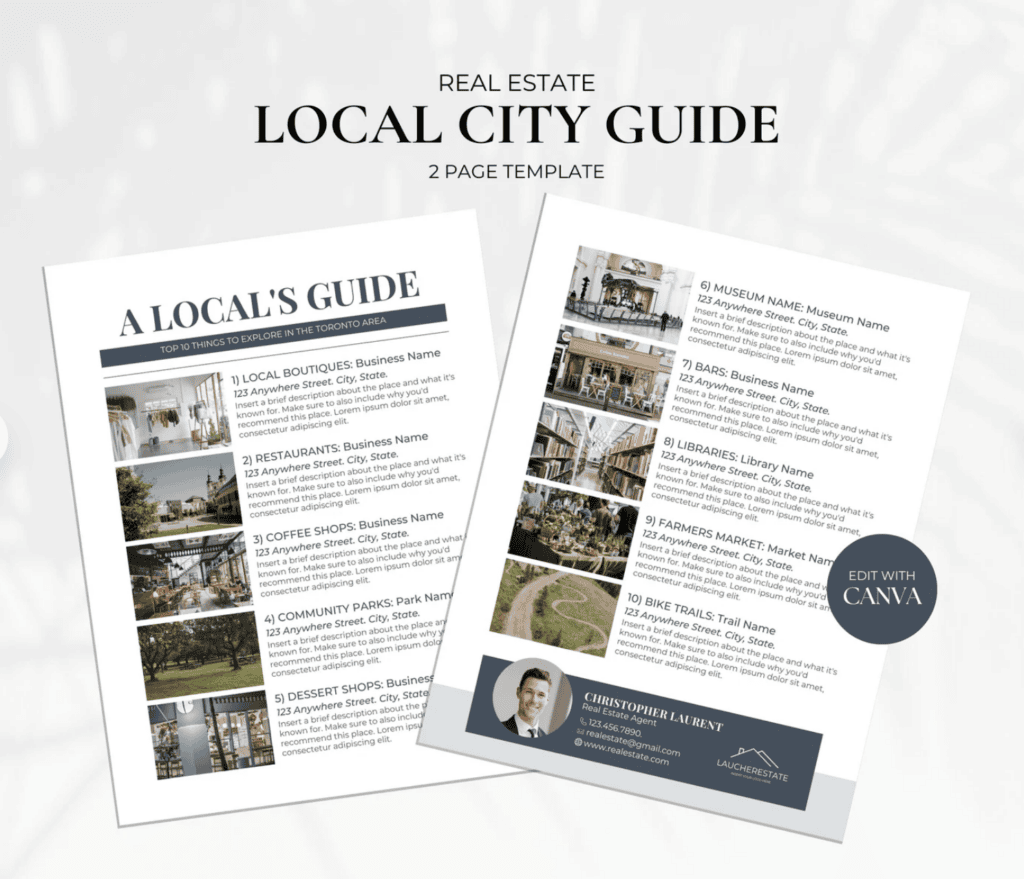 A two-page real estate template titled "Local City Guide," featuring a numbered list of ten customizable city recommendation categories with sample images and agent contact details.